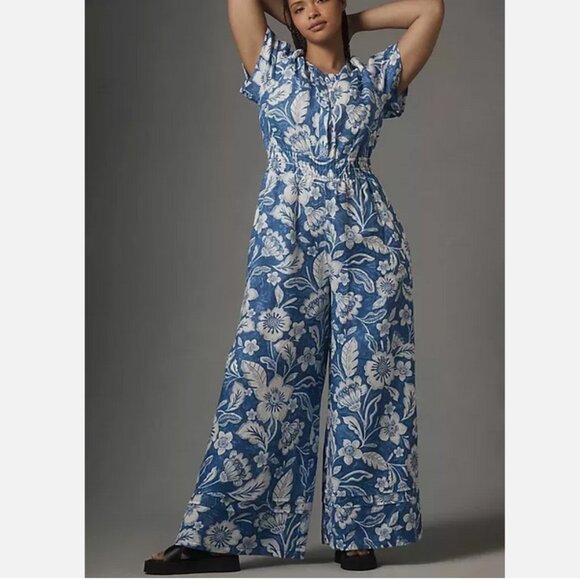 Anthropologie 3X NWT The Somerset Jumpsuit Wide Leg Linen Blue Floral Plus Size